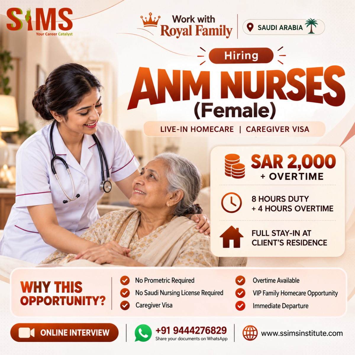 ANM Nurse Jobs in Saudi Arabia (Female) – Royal Family Live-in Homecare, Caregiver Visa